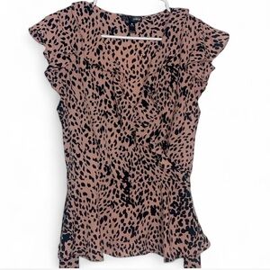 Aqua Cheetah Print Ruffle Blouse Tie Waist Cap Sleeve Medium Pink Black